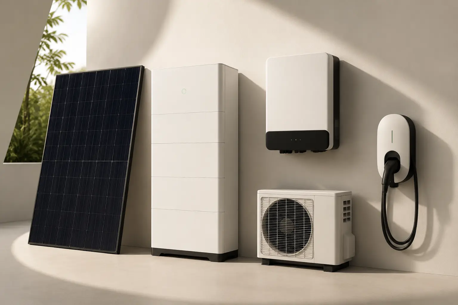 Équipements photovoltaïque, batterie, pompe à chaleur, onduleur et recharge réunis